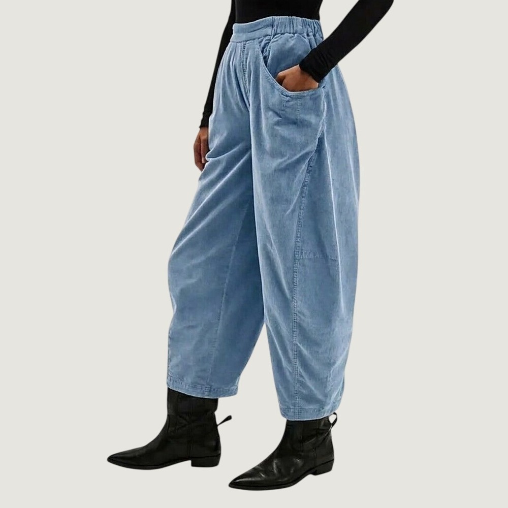 Free People High Road Barrel Cord Pants Size M Blue Tapered Pull On OB1882246